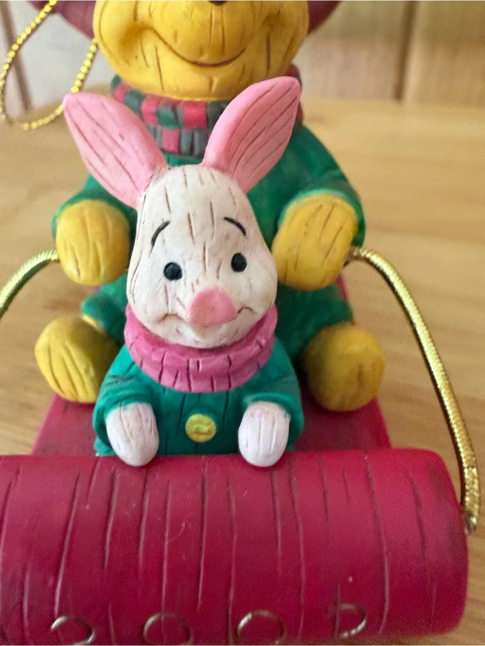 Vintage Disney Winnie the Pooh Tigger Piglet Sled Christmas Wood Ornament 2002